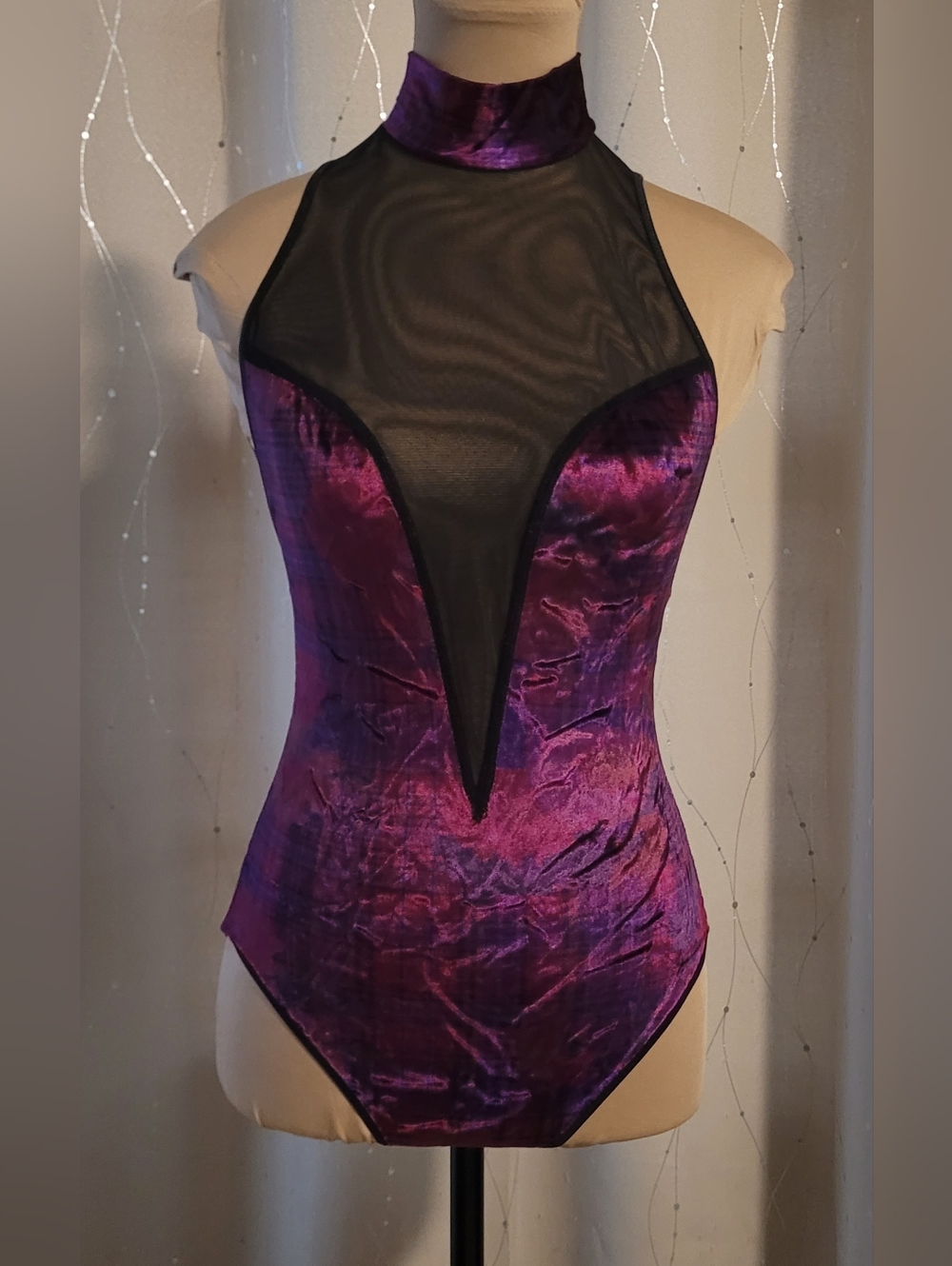 ​Vintage Victoria's Secret Purple Crushed Velvet Mesh Mock Neck Bodysuit Size S